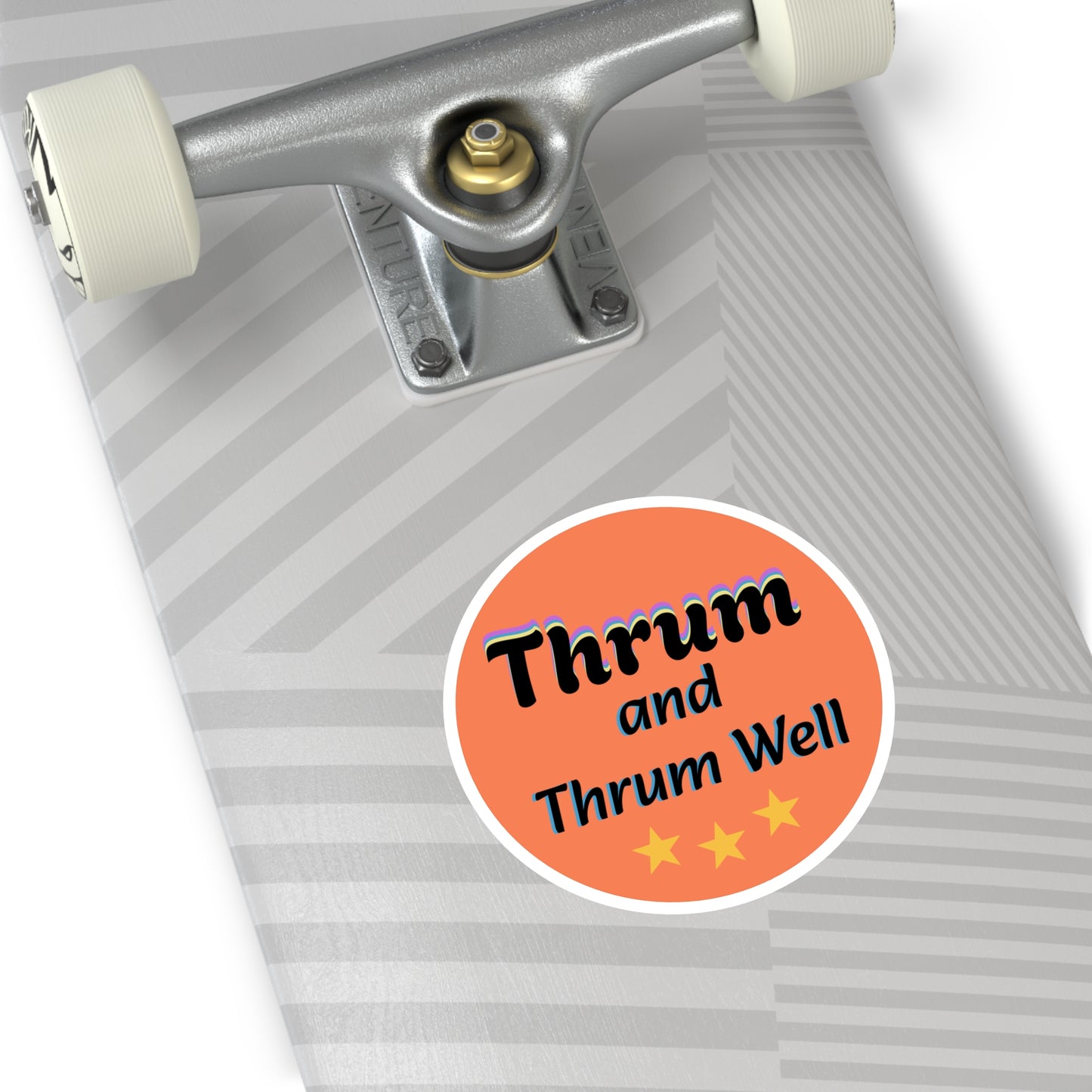 Thrum and Thrum Well Round Sticker | Orange Retro Text, 3 Stars