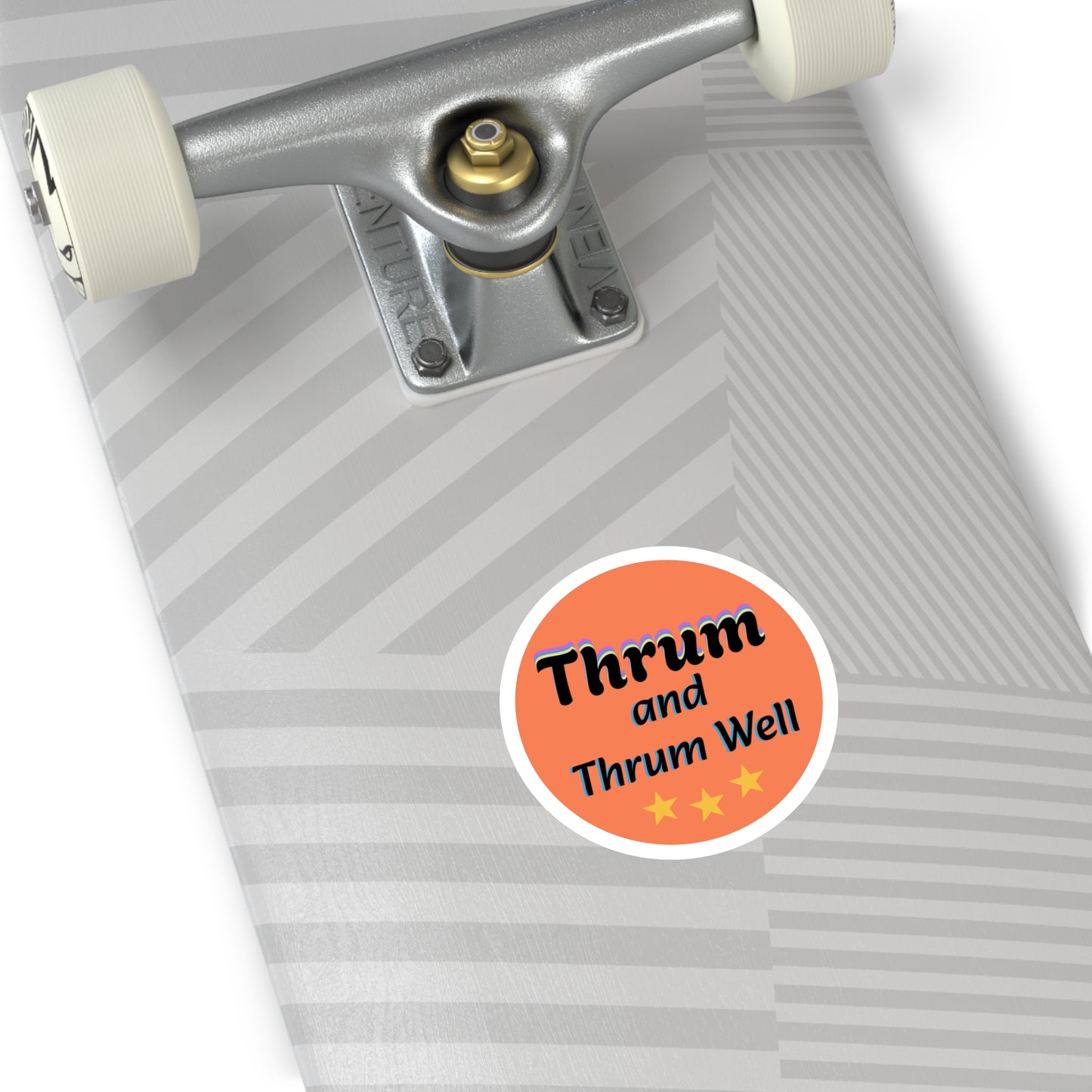 Thrum and Thrum Well Round Sticker | Orange Retro Text, 3 Stars