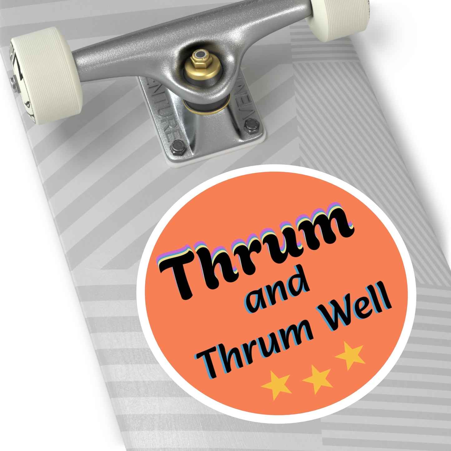 Thrum and Thrum Well Round Sticker | Orange Retro Text, 3 Stars