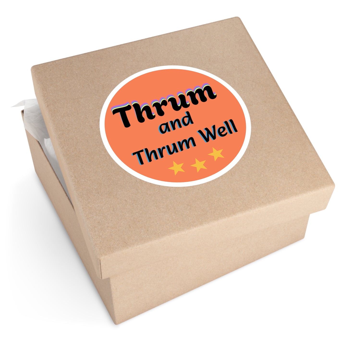 Thrum and Thrum Well Round Sticker | Orange Retro Text, 3 Stars