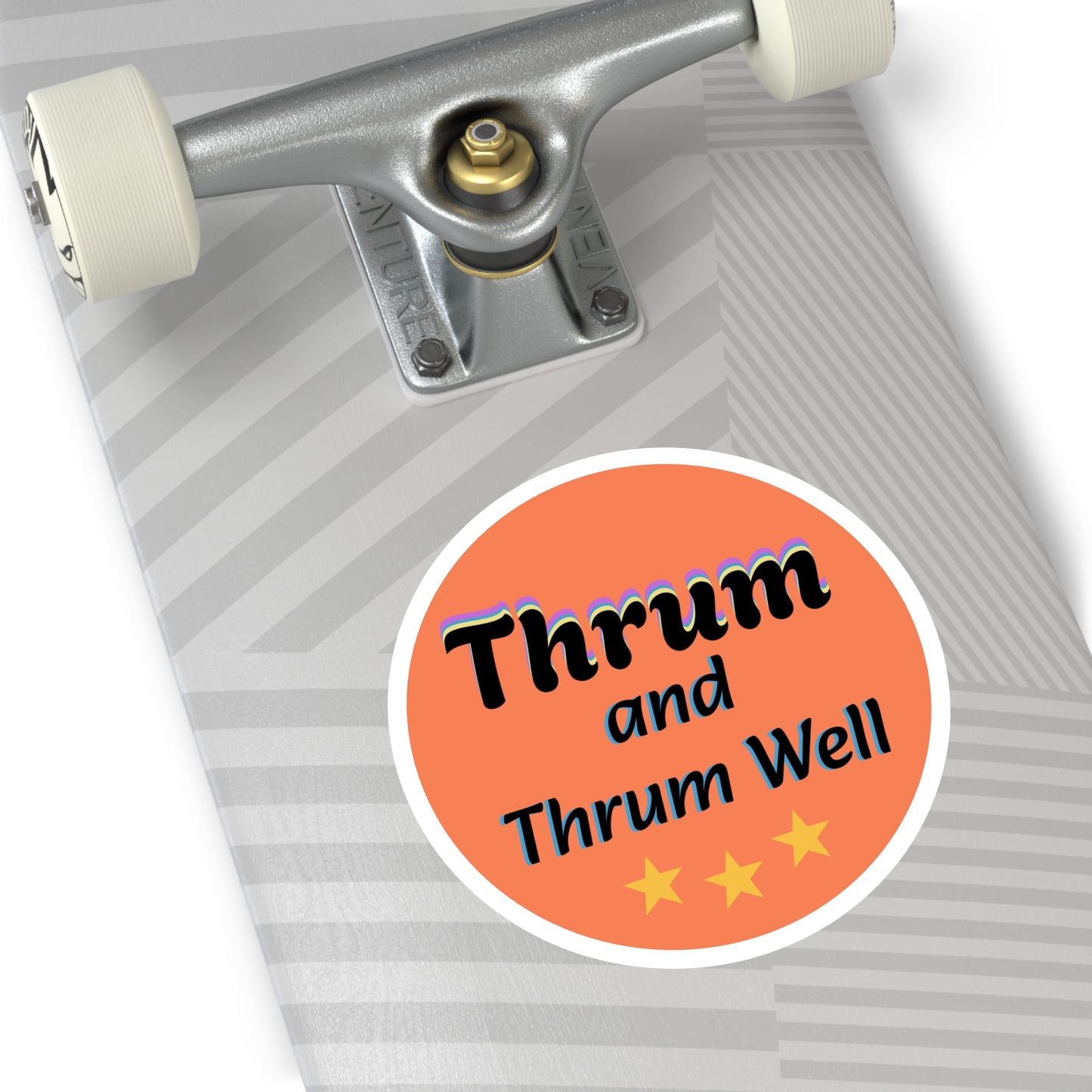 Thrum and Thrum Well Round Sticker | Orange Retro Text, 3 Stars